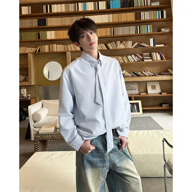 艾梵斯贝 高端轻奢条纹简约韩版轻熟可拆卸领带高级感休闲商务日常通勤百搭气质高品质职场约会绅士学院风长袖衬衫 男款