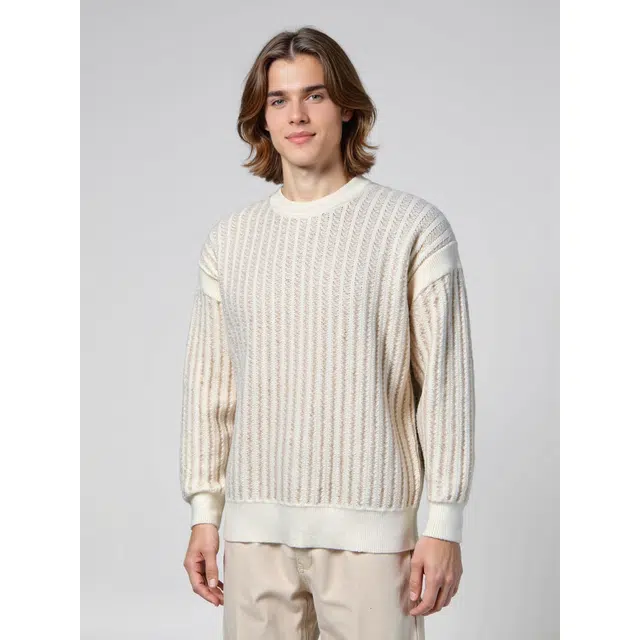 艾梵斯贝 高端轻奢复古潮流竖条纹简约风日常通勤百搭宽松休闲时尚商务高级感法式慵懒风学院内搭圆领毛衣 男款