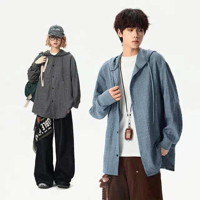 艾梵斯贝 美式复古潮流纯色连帽抽绳法式慵懒风日常通勤百搭高级感显瘦宽松休闲简约松弛感长袖开衫衬衫 男女同款