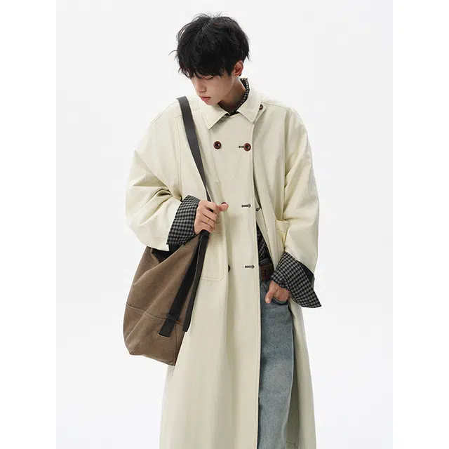艾梵斯贝 美式复古潮流正反两面穿麂皮绒格纹拼接长款过膝英伦风小众设计款无性别日常通勤百搭高级感简约气质情侣款风衣 男女同款