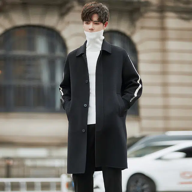 艾梵斯贝 高品质韩版翻领条纹拼接简约设计款高级风感中长款男士潮流外套日常休闲商务行政百搭北欧风大衣 男款