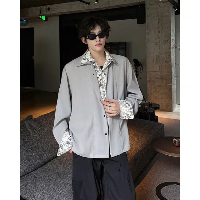 艾梵斯贝 老钱风中古花卉印花翻领假两件开衫小众设计款无性别潮酷日常休闲商务高级感斯文长袖衬衫 男女同款