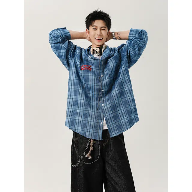 艾梵斯贝 美式复古潮流格纹撞色连帽开衫高级感简约设计款无性别主义法式慵懒风日常通勤百搭宽松休闲长袖衬衫 男女同款