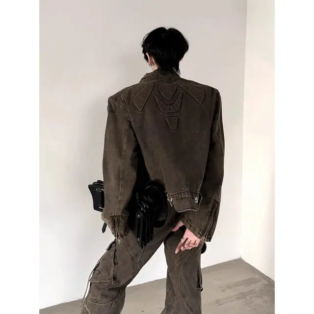 艾梵斯贝 美式复古潮流小众设计款无性别废土风美拉德水洗做旧牛仔垫肩外套日常通勤百搭宽松休闲时尚高级感夹克 男女同款
