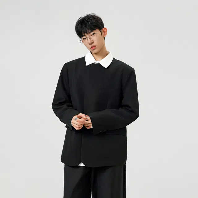 艾梵斯贝 新中式圆领简约设计款高级感日常通勤百搭宽松休闲商务气质轻奢潮流后中开衩西装 男款