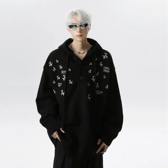 艾梵斯贝 美式复古潮流小狗刺绣设计款针织衫日常通勤百搭宽松休闲时尚高级感潮酷连帽卫衣 男女同款