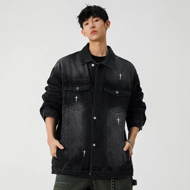 艾梵斯贝 美式复古潮流芒星刺绣简约设计款高级感日常通勤百搭高级风宽松休闲时尚个性街头潮酷翻领夹克外套 男款