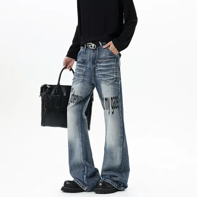 艾梵斯贝 美式复古潮流字母印花猫须铆钉小众设计款高街风日常通勤百搭宽松休闲时尚高级感潮酷个性街头微喇牛仔裤 男女同款