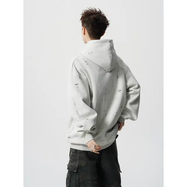 艾梵斯贝 美式复古潮流小破洞刺绣简约小众设计款无性别日常通勤百搭宽松休闲时尚高街风连帽套头情侣款卫衣 男女同款