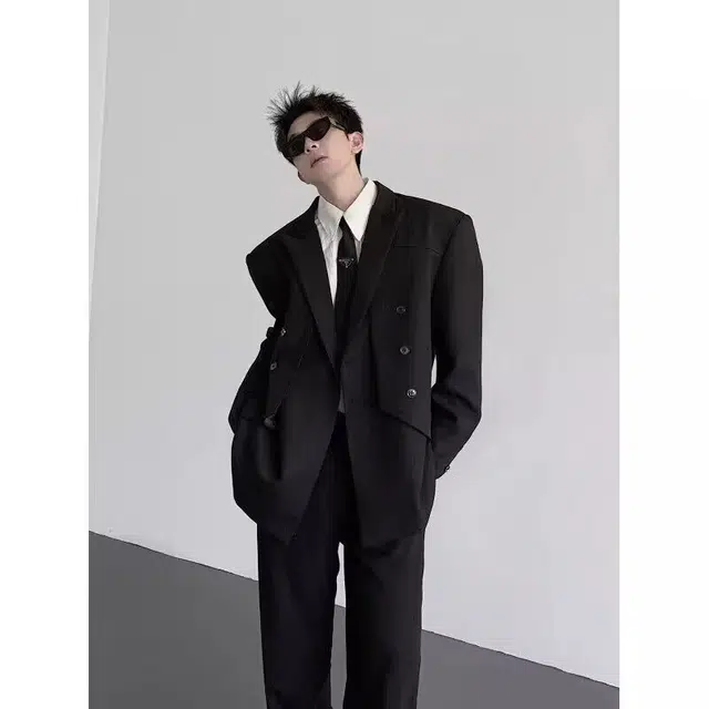 艾梵斯贝 美式复古潮流轻奢设计感小众解构拼接双排扣垫肩宽肩窄腰韩版时尚修身休闲商务男模高级感百搭西装 男款