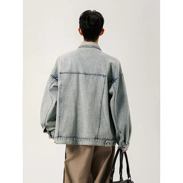 艾梵斯贝 美式复古潮流翻领单排扣经典简约设计水洗工艺廓形法式慵懒风潮酷高街风日常休闲百搭夹克牛仔外套 男女同款