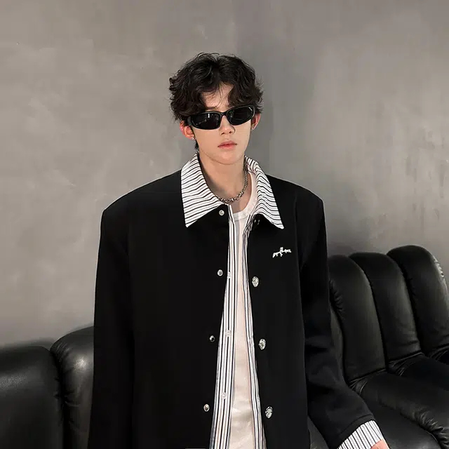 艾梵斯贝 美式复古潮流垫肩假两件条纹金属扣小众设计款无性别日常通勤百搭宽松休闲时尚高级感潮酷个性街头高街风夹克 男款