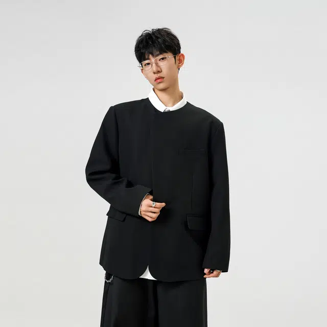 艾梵斯贝 新中式圆领简约设计款高级感日常通勤百搭宽松休闲商务气质轻奢潮流后中开衩西装 男款