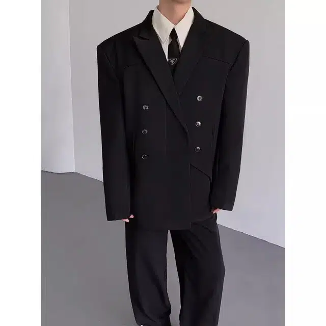 艾梵斯贝 美式复古潮流轻奢设计感小众解构拼接双排扣垫肩宽肩窄腰韩版时尚修身休闲商务男模高级感百搭西装 男款