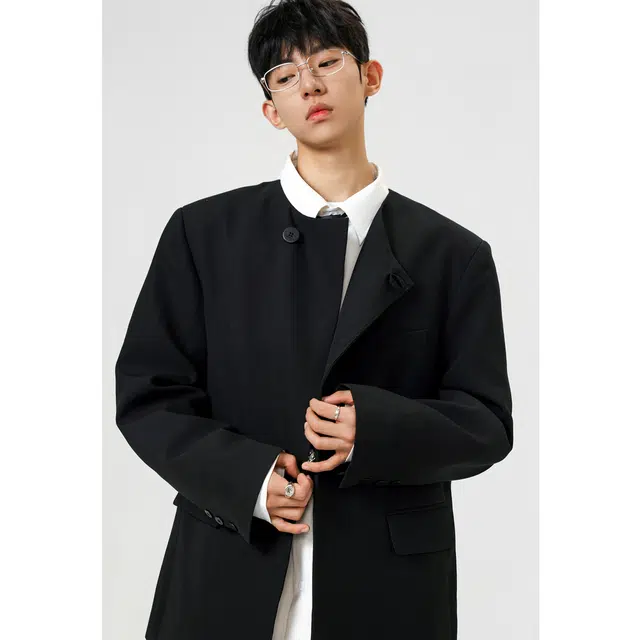 艾梵斯贝 新中式圆领简约设计款高级感日常通勤百搭宽松休闲商务气质轻奢潮流后中开衩西装 男款