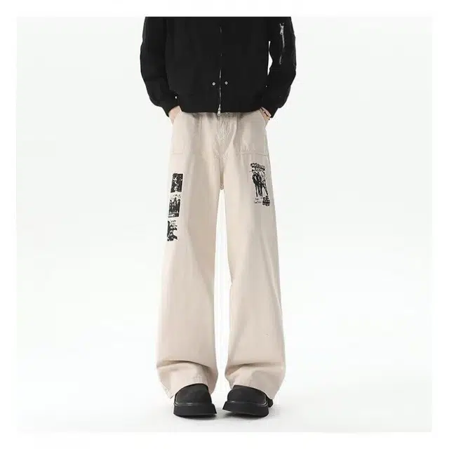 艾梵斯贝 美式复古潮流漫画印花韩版无性别日常通勤百搭潮酷时尚街头高街风个性宽松休闲直筒牛仔裤 男女同款
