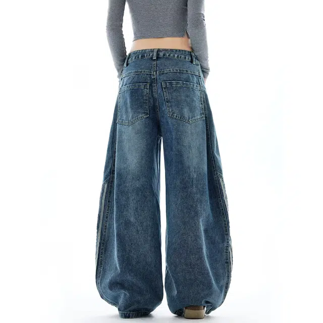 艾梵斯贝 美式复古潮流条纹拼接水洗解构弯刀裤小众设计款无性别主义潮酷街舞高级感高街风宽松休闲牛仔裤 男女同款