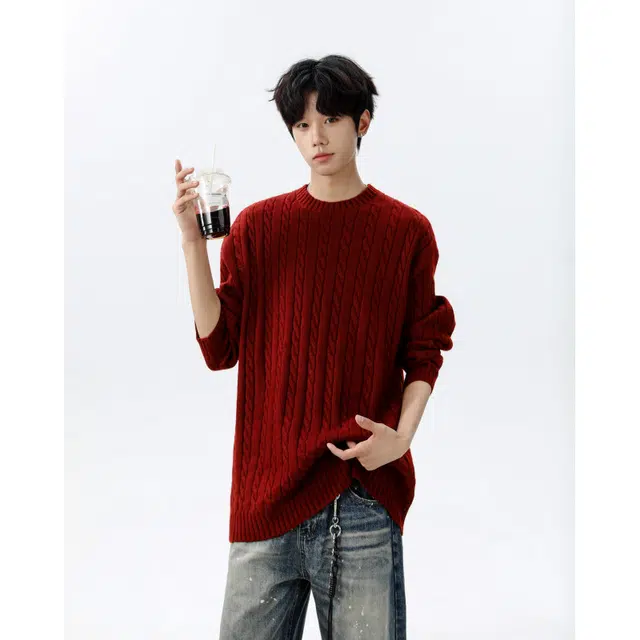 艾梵斯贝 美式复古潮流麻花纹慵懒风圆领打底衫线衣潮酷日常通勤百搭宽松休闲时尚高级感高街风情侣款针织衫 男女同款