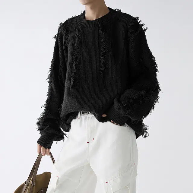 艾梵斯贝 美式复古纯色高级感简约基础款法式慵懒风韩版老钱风日常休闲时尚百搭春秋内搭设计感圆领毛边针织衫 男女同款