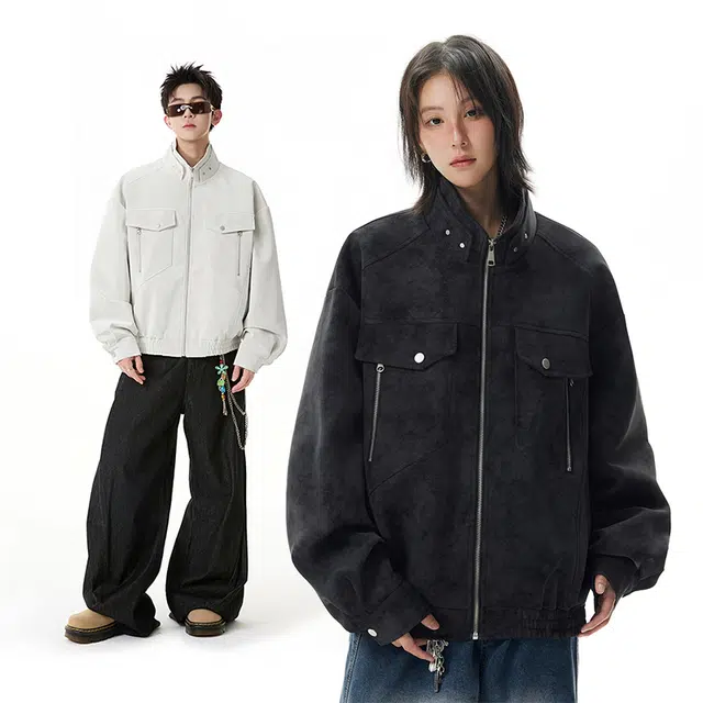 艾梵斯贝 美式复古潮流立领扎染高级感设计无性别主义高街风潮牌日常通勤百搭帅酷气质宽松休闲皮衣 男女同款