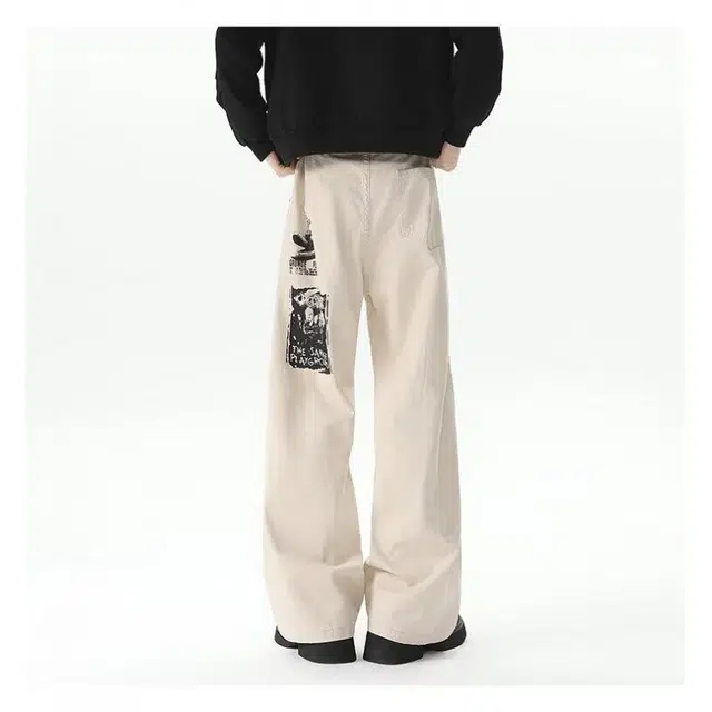 艾梵斯贝 美式复古潮流漫画印花韩版无性别日常通勤百搭潮酷时尚街头高街风个性宽松休闲直筒牛仔裤 男女同款