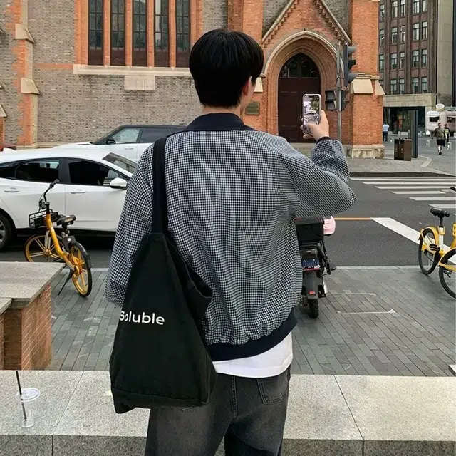 艾梵斯贝 美式复古潮流黑白千鸟格字母刺绣小众简约设计感日常通勤百搭韩风高级感潮酷宽松休闲时尚运动夹克 男款