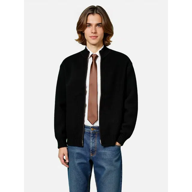 艾梵斯贝 立领高端轻奢美式复古潮流纯色青年学院风日常通勤百搭宽松休闲时尚商务高级感法式慵懒风简约气质拉链开衫毛衣 男款