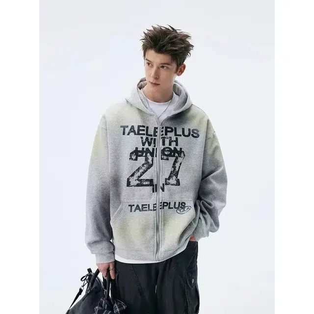 艾梵斯贝 美式复古运动风潮流高级感脏洗做旧球衣无性别日常通勤百搭个性街头简约时尚休闲高街连帽开衫卫衣 男女同款