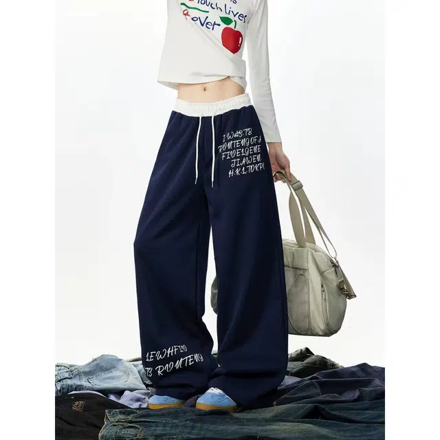 艾梵斯贝 美式复古潮流高级感字母印花撞色拼接小众设计感无性别主义潮酷街头街舞高街风日常通勤百搭宽松阔腿休闲裤 男女同款