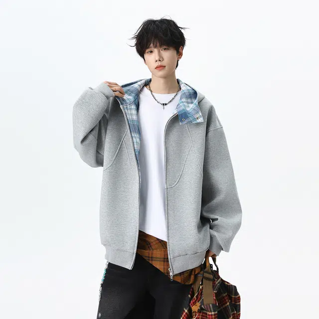 艾梵斯贝 美式复古潮流重磅格子拼接简约设计款无性别日常通勤百搭高级感宽松休闲时尚高街风潮酷情侣款卫衣 男女同款