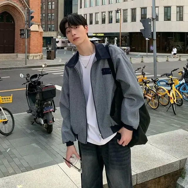 艾梵斯贝 美式复古潮流黑白千鸟格字母刺绣小众简约设计感日常通勤百搭韩风高级感潮酷宽松休闲时尚运动夹克 男款