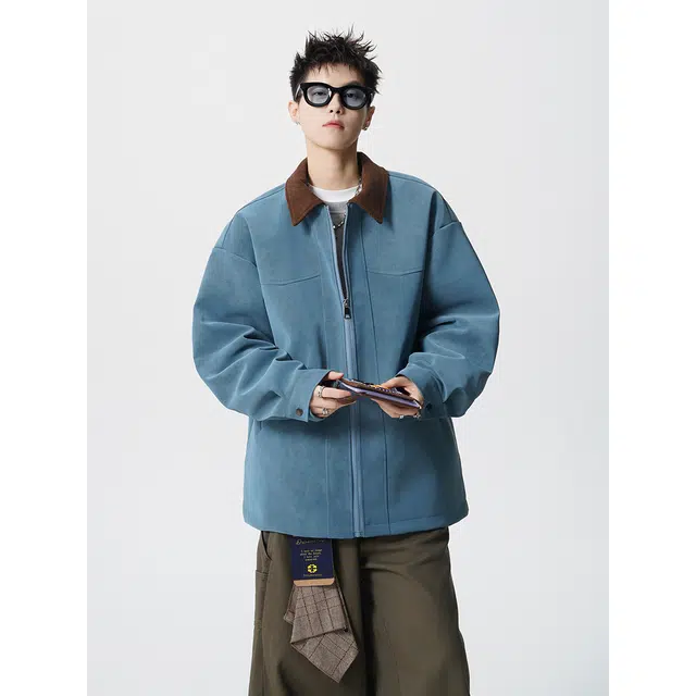 艾梵斯贝 美式复古潮流巴恩风撞色翻领拼接皮衣简约设计款无性别日常通勤百搭宽松休闲舒适高级感高级风个性街头夹克 男女同款