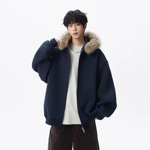 艾梵斯贝 美式复古潮流重磅简约设计连帽拉链开衫毛领学院风时尚宽松休闲日常通勤百搭高街潮酷慵懒风座山雕高级感卫衣 男女同款