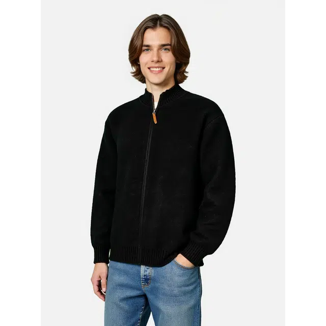 艾梵斯贝 立领高端轻奢美式复古潮流纯色青年学院风日常通勤百搭宽松休闲时尚商务高级感法式慵懒风简约气质拉链开衫毛衣 男款