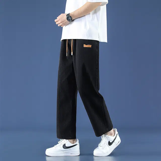 微牛 高街学院风韩版经典潮流美式宽松直筒抽绳休闲时尚牛仔裤 男款