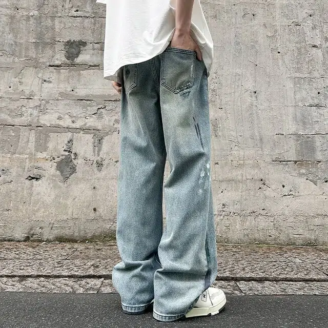 微牛 潮牌印花破洞韩版设计感宽松直筒牛仔裤 男女同款