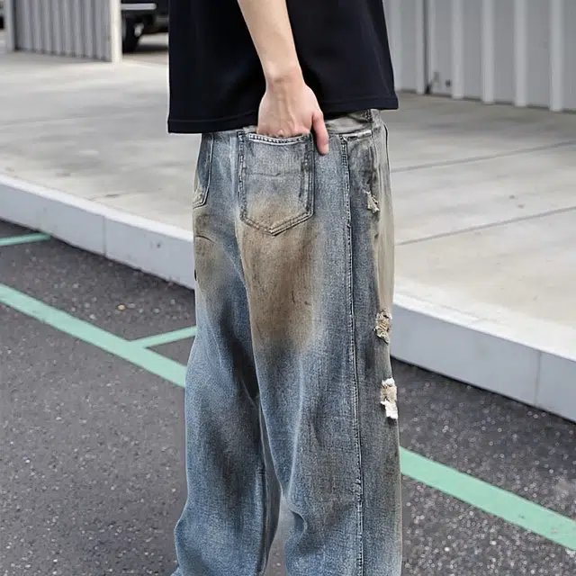 微牛 独特宽松潮款灼烧长裤男水洗街头潮牌阔腿裤时尚牛仔裤 男款