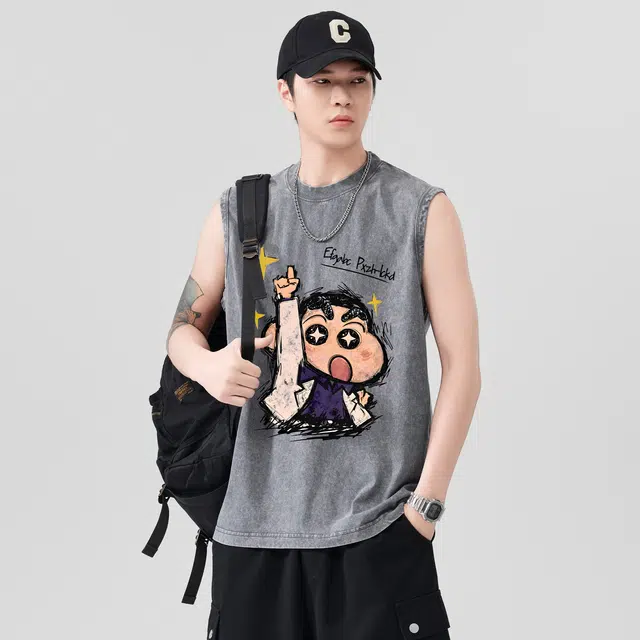 微牛 重磅纯棉蜡笔小新洗水男冰感印花纯色宽肩无袖运动坎肩背心 男款