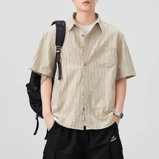 微牛 设计感垂坠抗皱条纹短袖男夏季薄款潮流工装半袖衬衣衬衫 男款