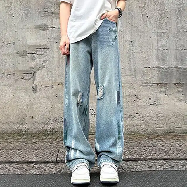 微牛 潮牌印花破洞韩版设计感宽松直筒牛仔裤 男女同款