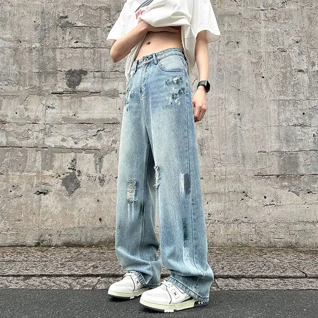 微牛 潮牌印花破洞韩版设计感宽松直筒牛仔裤 男女同款