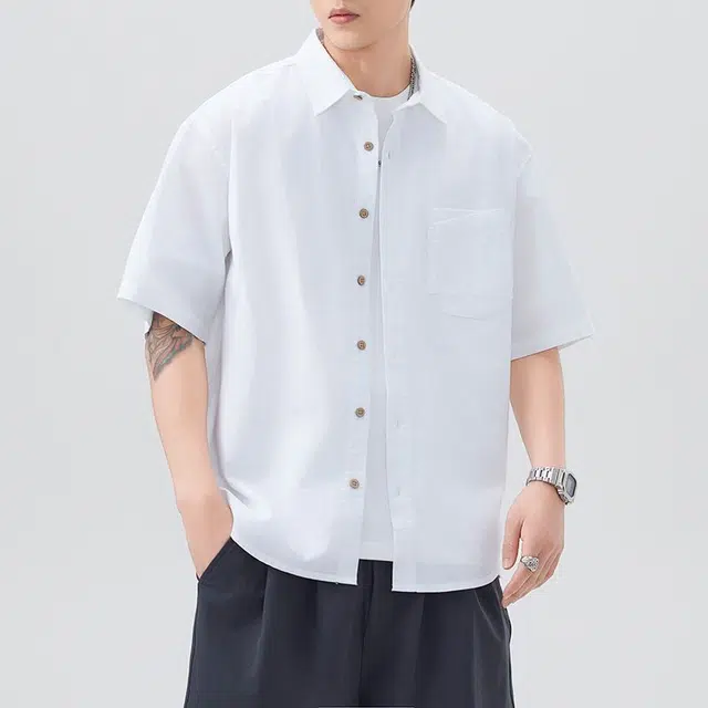 微牛 凉感棉麻透气短袖日系复古夏季设计感中国风翻领衬衣男衬衫 男款