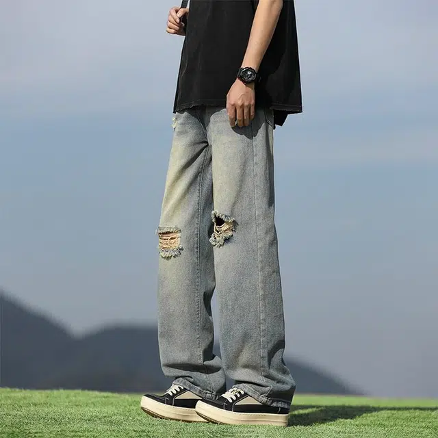 微牛 洗水拖地潮流宽松直筒裤子工装休闲裤男女长裤牛仔裤 男款