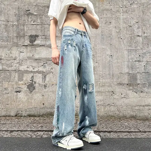 微牛 潮牌印花破洞韩版设计感宽松直筒牛仔裤 男女同款