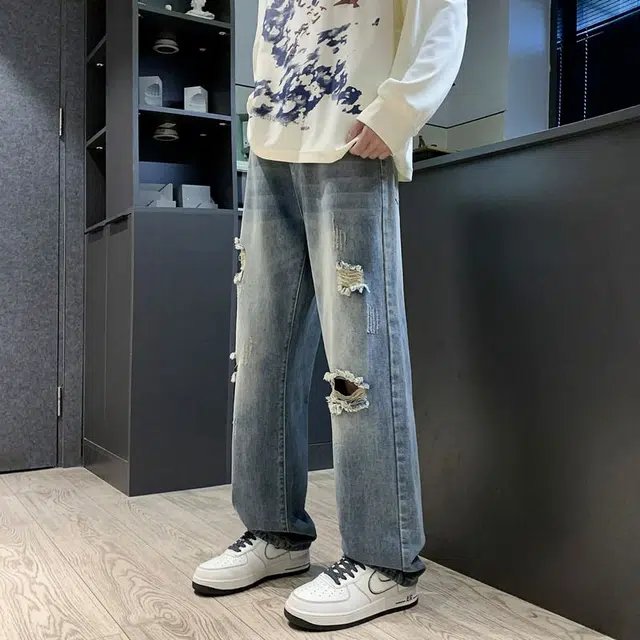 微牛 洗水潮流版宽松直筒裤子工装休闲裤男女长裤牛仔裤 男款