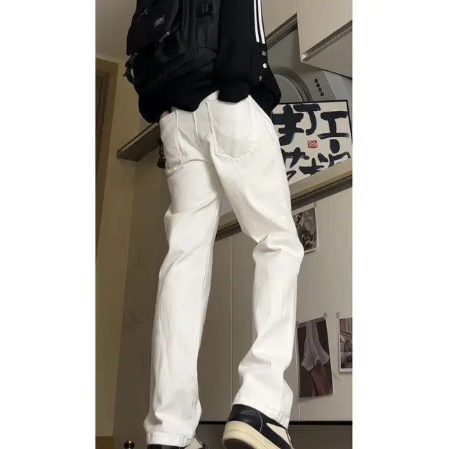 沐诚阳译 美式高街复古风纯色百搭做旧休闲长裤牛仔裤 男女同款