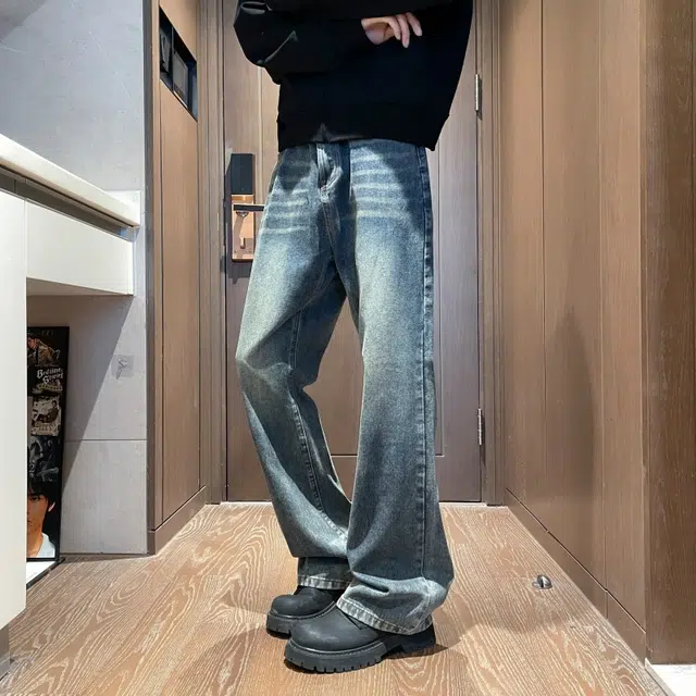 沐诚阳译 美式高街复古风纯色百搭做旧休闲长裤牛仔裤 男女同款
