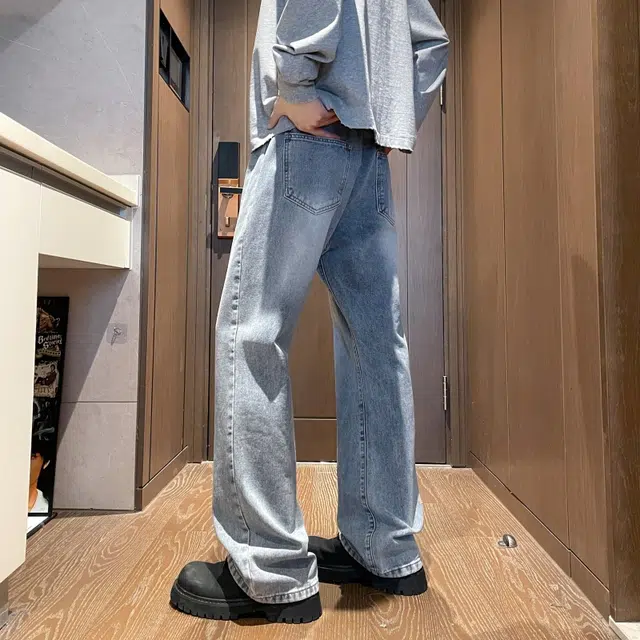 沐诚阳译 美式高街复古风纯色百搭做旧休闲长裤牛仔裤 男女同款
