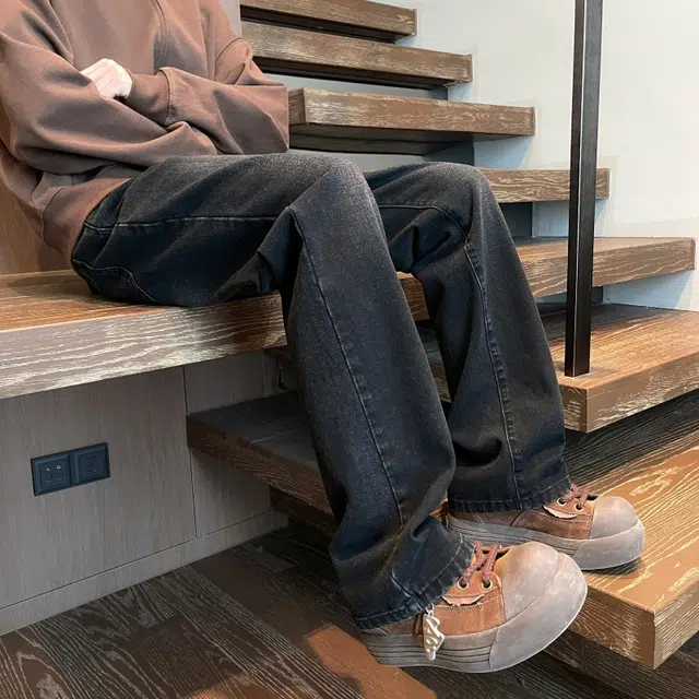 沐诚阳译 美式高街复古风纯色百搭做旧休闲长裤牛仔裤 男女同款