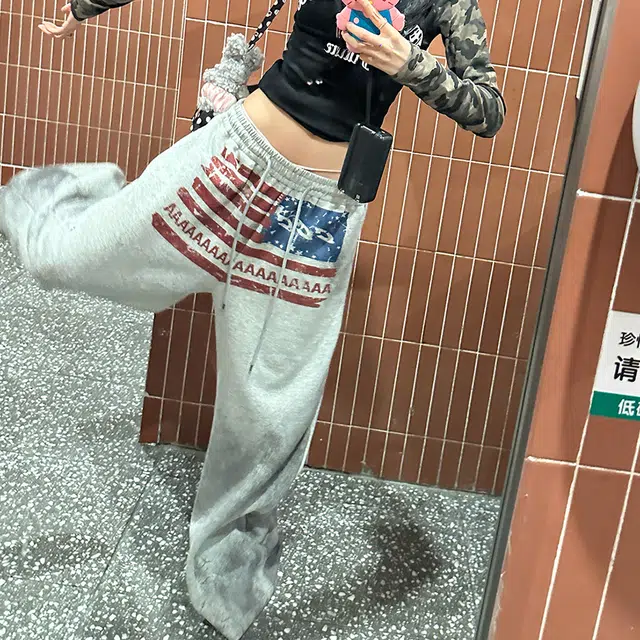 JZWSTUDIO Vintage Letter Flag Wide Leg Sweatpants
